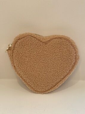 Stoney Clover Lane Heart-Shaped Teddy Sherpa Cosmetic Bag in Camel